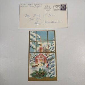 Vintage Glitter Christmas Card Church Famous Artists Studios w/ Letter Envelope